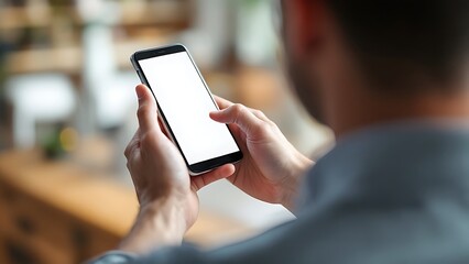 Mockup, man's hands holding mobile phone with finger touching on blank screen. Woman using smartphone, looking at the screen, overhead shot