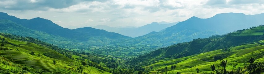 Naklejka premium Lush Green Terraced Rice Fields In Mountain Valley