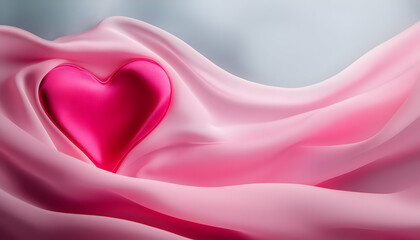 Obraz premium A soft pink fabric drapes elegantly with a shiny heart, symbolizing love and affection in a gentle atmosphere.