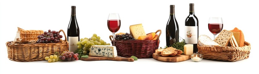 Naklejka premium A beautiful arrangement of wine bottles, glasses, assorted cheeses, and fresh fruits on a white background, perfect for entertaining and culinary showcases.