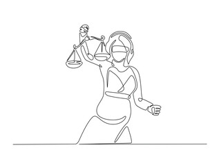Continuous line art drawing of Themis goddess with scale. Blind lady justice with scales in hand- single line art drawing vector illustration. Editable stroke.