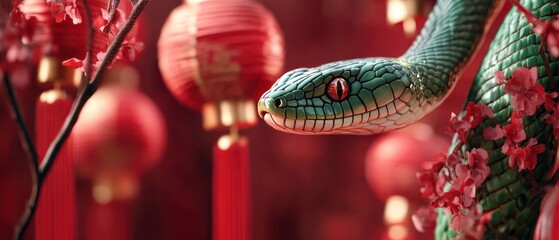Obraz premium A Vibrant Green Snake, Eyes Gleaming, Winds Through A Festive Scene Of Red Chinese Lanterns And Blossoms. 
