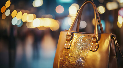 Golden leather handbag with shimmering textured surface, displayed in an elegant urban background, symbolizing luxury, sophistication, and contemporary fashion trends