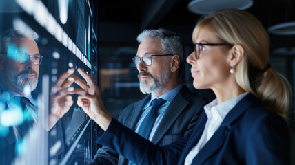 Business executives analyzing data on a transparent digital screen, utilizing technology for strategic decision-making and corporate innovation