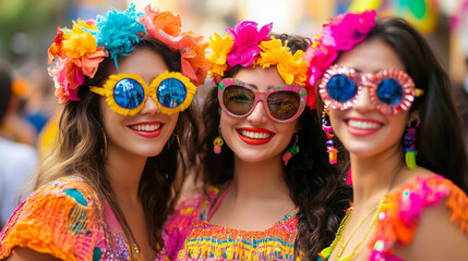 Fototapeta premium Brazilian carnival women wearing colorful costumes and sunglasses smiling