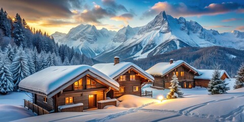 Fototapeta premium Serene winter landscape snow-covered wooden cabins nestled in a snowy mountain valley at sunset.