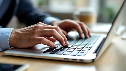 Closeup of businessman hand typing on laptop computer at office. Business man working on computer device, searching the information, surfing the internet on table at workplace