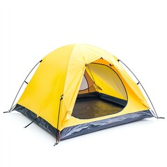 A bright yellow camping tent with an open entrance, showcasing a spacious interior. Ideal for outdoor adventures and camping trips in nature.