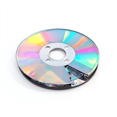 A broken compact disc displaying a colorful iridescent pattern against a white background, symbolizing digital media, data loss, or technology failure.