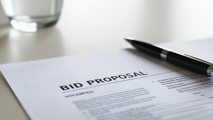 A close-up view of a bid proposal document with a black pen resting on it, showcasing a clean and professional workspace in an office environment.