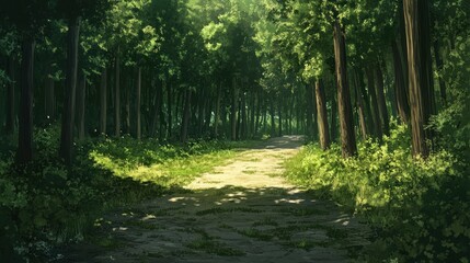 Obraz premium Sunlit Path Through Lush Green Forest Canopy