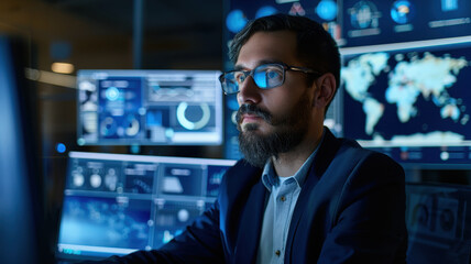 focused professional in control room monitors multiple digital screens displaying data and world maps, indicating high tech environment