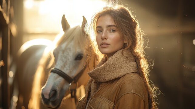 A young woman with long hair in a soft jacket poses near a white horse in a rustic stable, illuminated by the warm glow of late afternoon sunlight streaming through wooden beams.