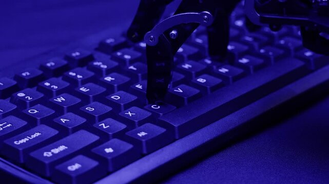 Robot ai hand working on pc laptop, Chatbot and chat robot advisor. Futuristic ai hand typing on keyboard, pressing buttons, office work, enterprise helper.
