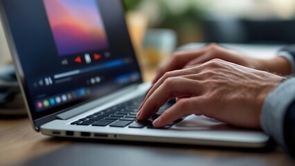 Woman working on laptop computer, watching video player, webinar, business online training, education on computer or e-learning concept, video tutorial, learn from home, telework concept