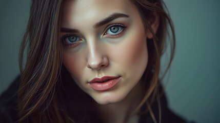 Fototapeta premium Close-up of a woman with intense blue eyes and dark tones.