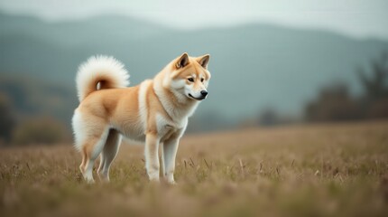 Korean Jindo dog standing gracefully in a beautiful natural landscape