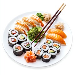 A delicious arrangement of sushi and sashimi on a white plate, complete with fresh ingredients like avocado, shrimp, and wasabi, perfect for food lovers and culinary enthusiasts.