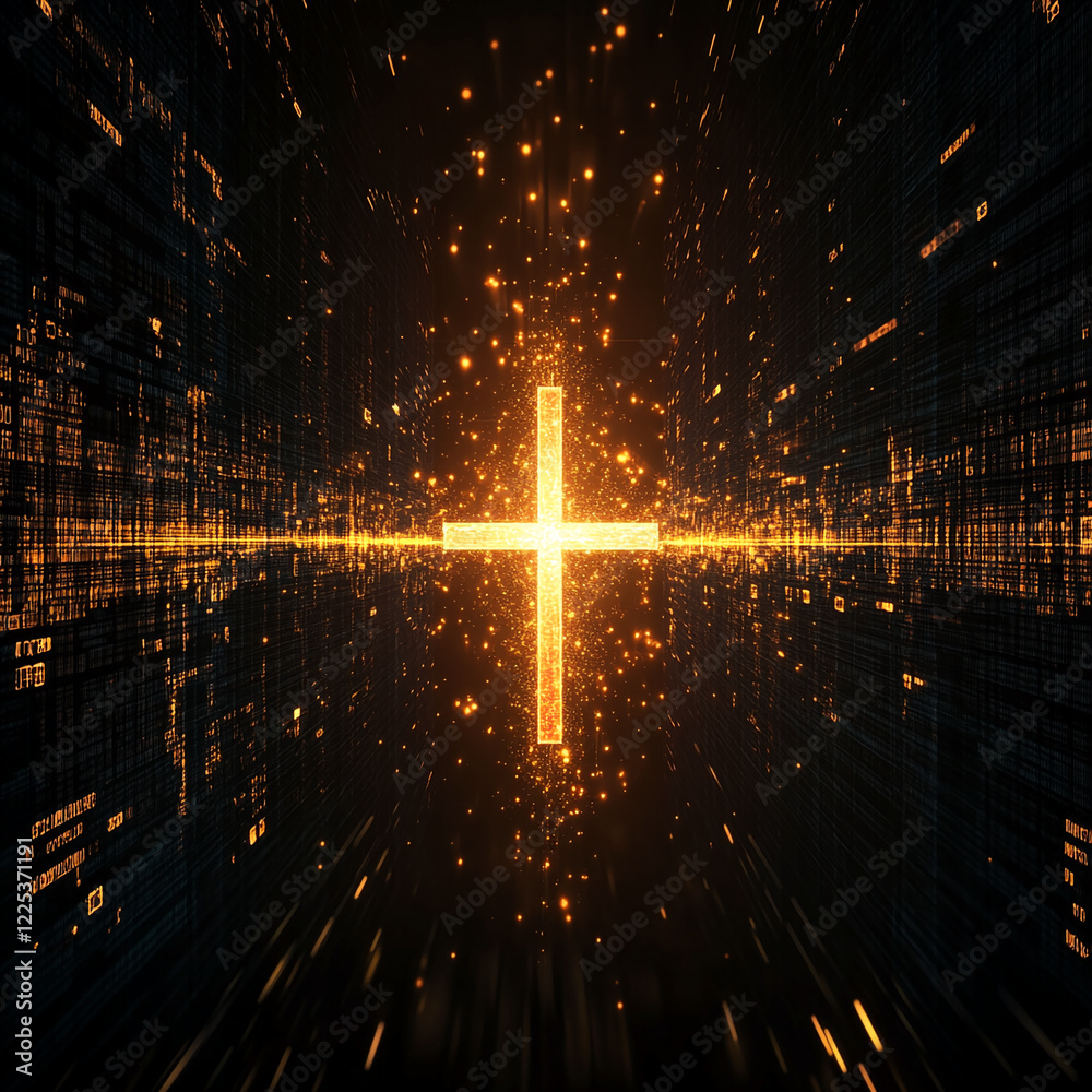 Poster Glowing golden cross surrounded by futuristic digital light patterns and particles, representing spirituality, faith, and the intersection of religion and technology in a modern concept