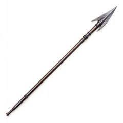 Obraz premium A detailed view of a traditional spear with a sharp metal tip, set against a white isolated background. Perfect for showcasing ancient weaponry and cultural artifacts.