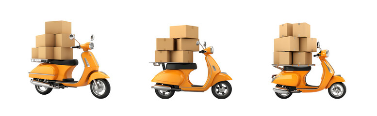Obraz premium Orange scooter with stacked delivery boxes isolated on a transparent background