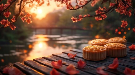 Mooncakes At Sunset On A Wooden Dock, With Pink Blossoms Overhead. Peaceful And Serene, Perfect For Mid-Autumn Festival.