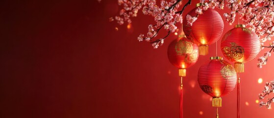 Red Chinese Lanterns Hang From A Blossoming Cherry Branch Against A Deep Red Background, Creating A Festive And Celebratory Atmosphere.