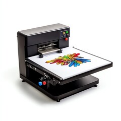 A high-quality heat transfer press machine featuring vibrant, colorful designs ready for commercial use, designed for printing on various materials.