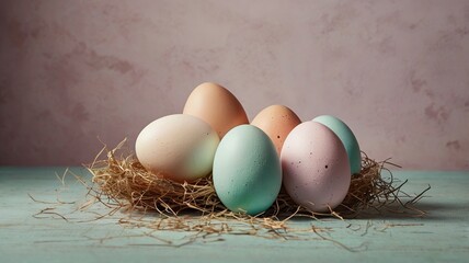 Easter egg and toy car on wooden background, happy easter day concept