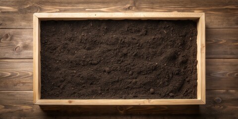 Fototapeta premium A wooden container filled with rich, dark brown soil, ready for planting seeds or seedlings.