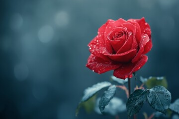 Close-up of a red rose covered in water drops, with a blurred background