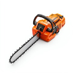 Fototapeta premium A powerful orange electric chainsaw with a sleek design. This tool is ideal for efficient cutting and trimming tasks in woodworking, gardening, and landscaping applications.