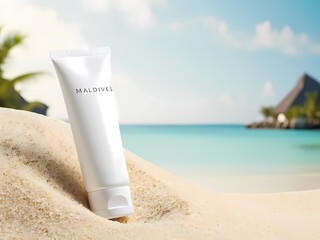 A white sunscreen tube labeled 