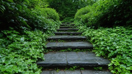 Stone steps ascending through lush green garden; tranquil background, perfect for relaxation or nature themes