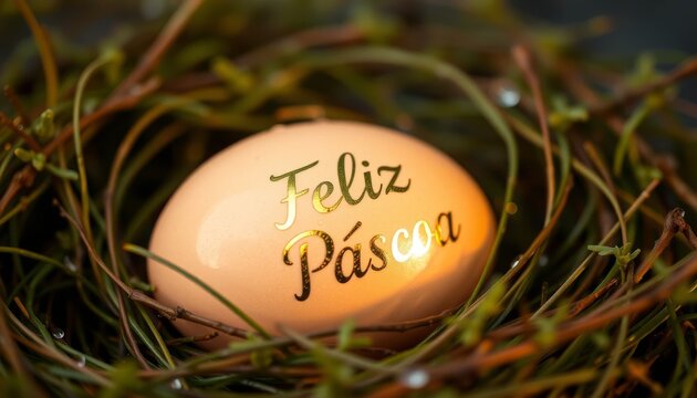 Illuminated Easter Egg Message. Glowing decorated egg with golden "Feliz P&aacute;scoa" text nestled in natural twigs and greenery.