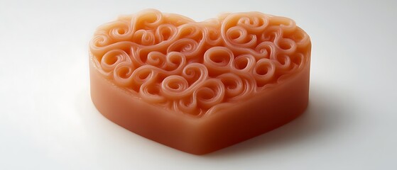 A heart-shaped soap bar with subtle white swirls is centered on a white surface. The sharp focus and high contrast highlight the smooth texture and elegant design of the soap, making it perfect 