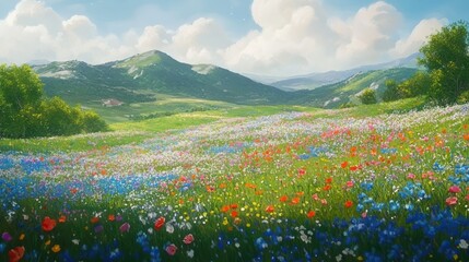 Fototapeta premium Blooming Wildflower Meadow In Mountain Valley Landscape