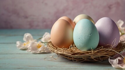 Easter egg and toy car on wooden background, happy easter day concept