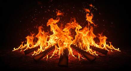 Fiery Bonfire, Blazing Campfire, Embers Glowing in the Dark