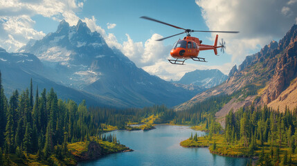 A helicopter flying over a national park with a dramatic mountain backdrop