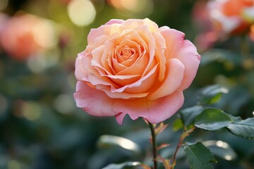 Peach rose blooming in garden under sunlight