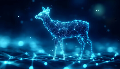 A stunning digital art piece featuring a glowing deer made of interconnected dots and lines against a dark backdrop.