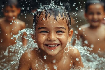 Obraz premium Portrait of a cheerful child enjoying and playing in the water