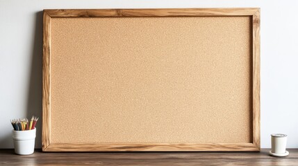 Fototapeta premium Wooden Framed Corkboard with Pencils and Container