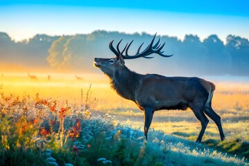 Naklejka premium Side view of a majestic deer standing on a grassy field under golden sunlight.