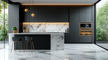 A sleek, modern kitchen with marble tiles, golden fittings, and trendy black and white cabinets