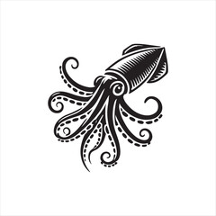 Black Color Squid silhouette design Vector Illustration, Solid White Background (4).eps