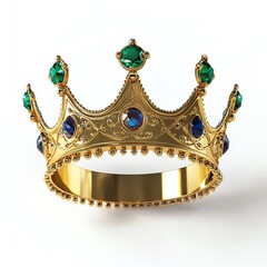 Fototapeta premium A stunning gold crown adorned with green and blue jewels resting on a white background, symbolizing royalty and elegance.
