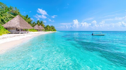 Fototapeta premium Tropical beach bungalows, turquoise water, boat, sunny day, travel postcard