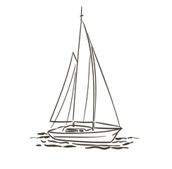 Sailing boat yacht isolated drawing in doodle line art style. Vector illustration of sea boat in ink sketch style for Yacht club placards, posters and other decoration.
